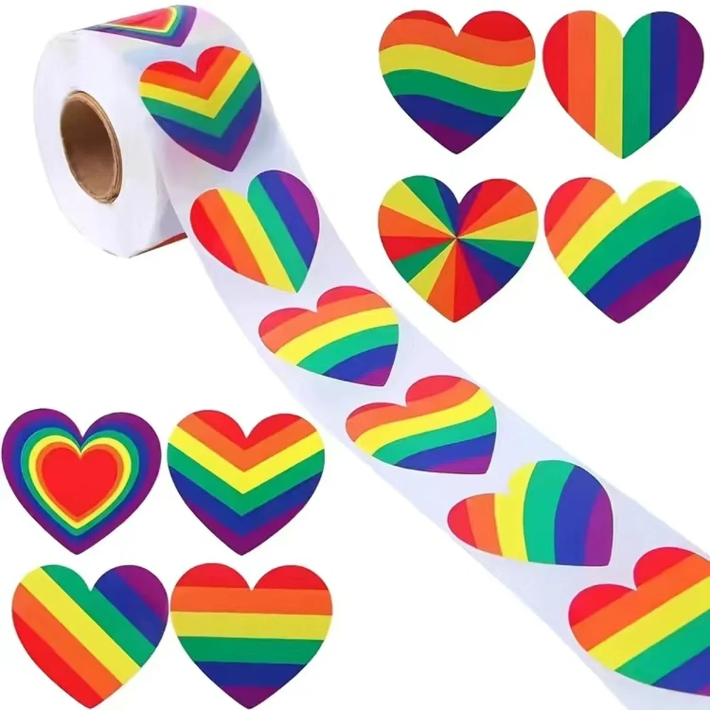 500 Pcs/Roll Rainbow Pride Stickers,1x1in LGBT Rainbow Color Heart Shaped Rolls